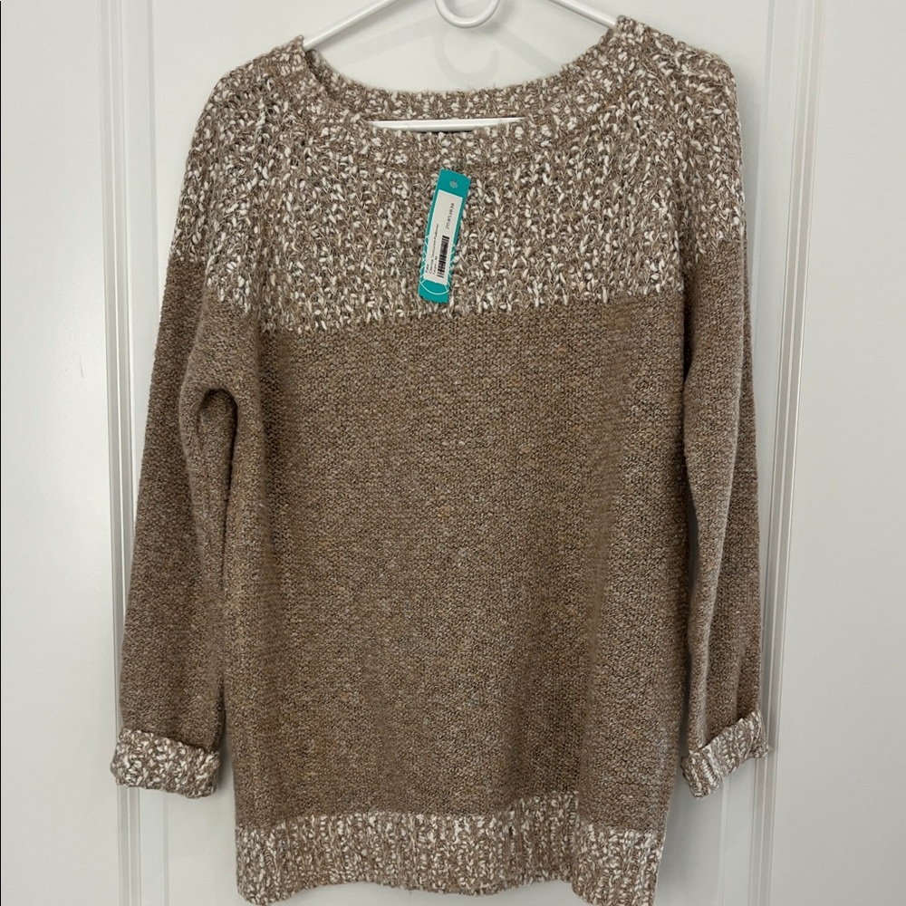 Fate Two-Tone Tan & Cream Knit Crewneck Sweater